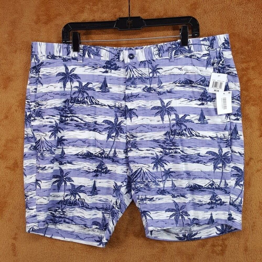 PAISLEY & GRAY Shorts Mens Size 38 Blue Palm Tree Stripe Linen Rayon Felix Slim